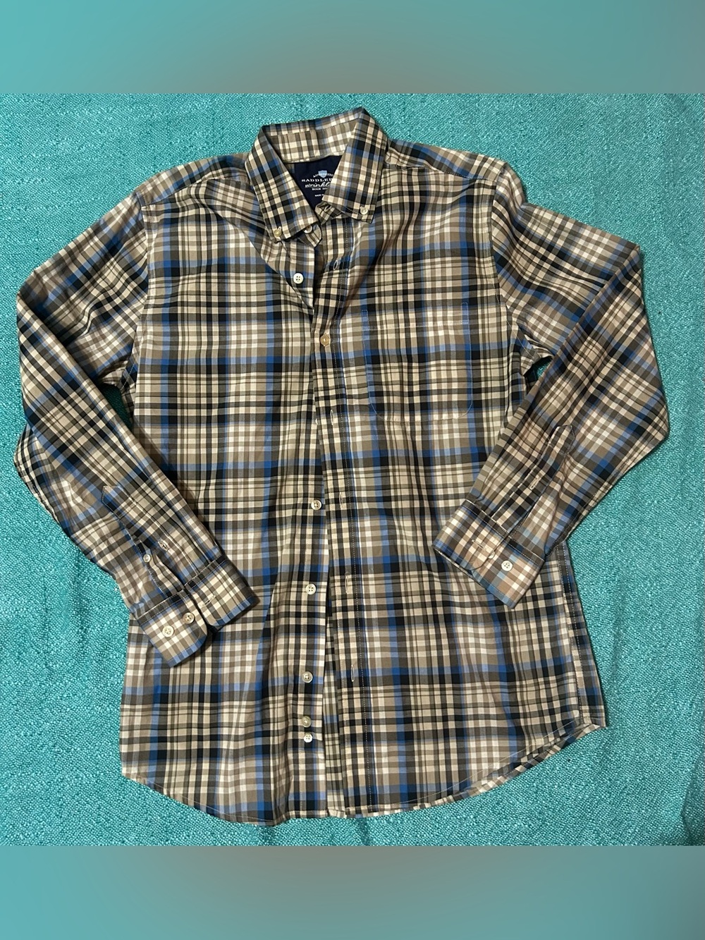 Saddlebred Blue and Brown Plaid Button-Up Shirt Size S